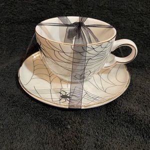 ELEGANCE Spiderweb Teacup & Saucer Set Black And White With Gold Trim 🖤🕸️🕷️🖤